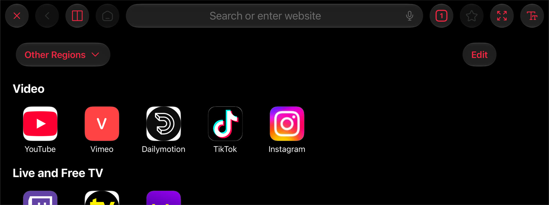 DriveIn's car browser: a toolbar with the address field and buttons for tabs, bookmarks, split view and text size, above a start page of video sites.