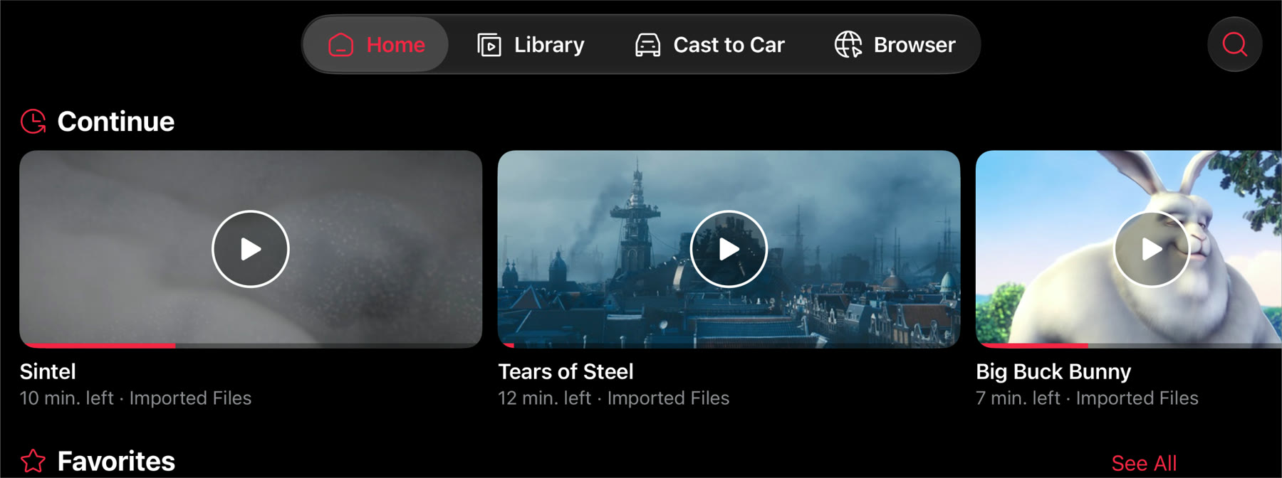 DriveIn's Home screen on a car's screen: tabs for Home, Library, Cast to Car and Browser, and a Continue row with Sintel, Tears of Steel and Big Buck Bunny, each with its progress.