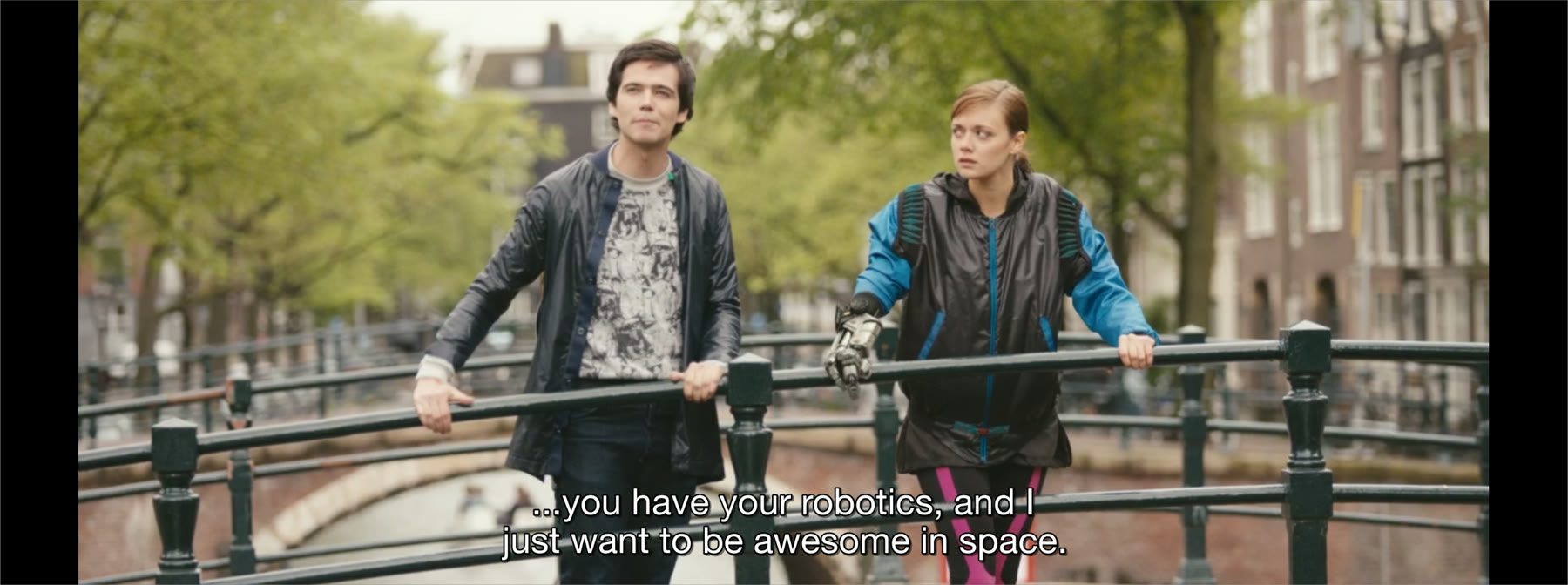 The open movie Tears of Steel playing on a car's screen with English subtitles from a subtitle file imported alongside it.