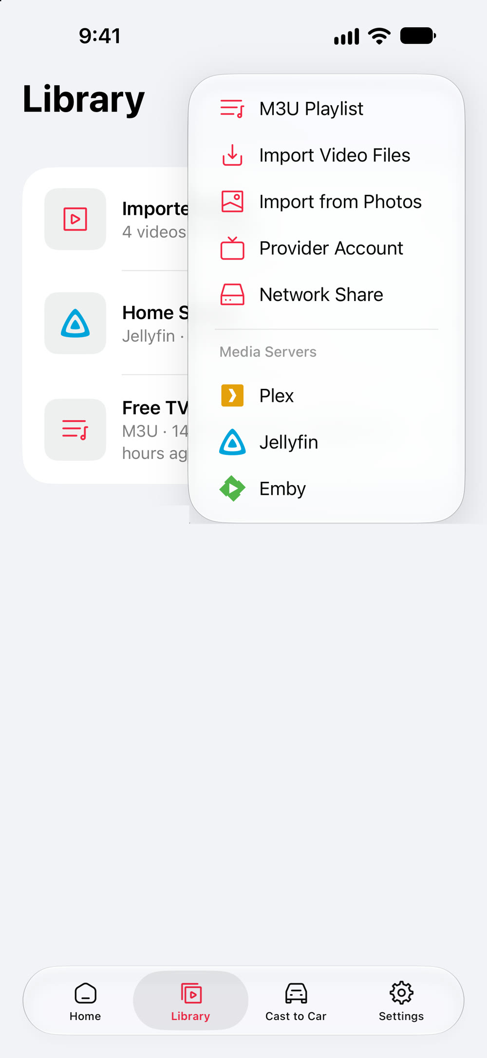 DriveIn's Library on iPhone with its Add menu open: M3U Playlist, Import Video Files, Import from Photos, Provider Account, Network Share, and the media servers Plex, Jellyfin and Emby.