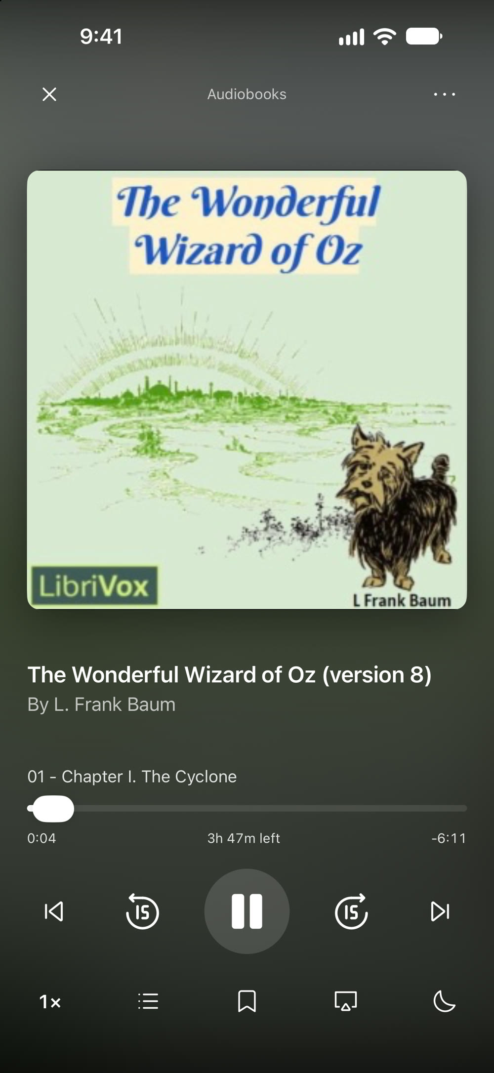 DriveIn's audiobook player on iPhone playing The Wonderful Wizard of Oz from LibriVox: the cover, chapter 1, 3 hours 47 minutes left, and buttons for speed, chapters, bookmarks, AirPlay and a sleep timer.