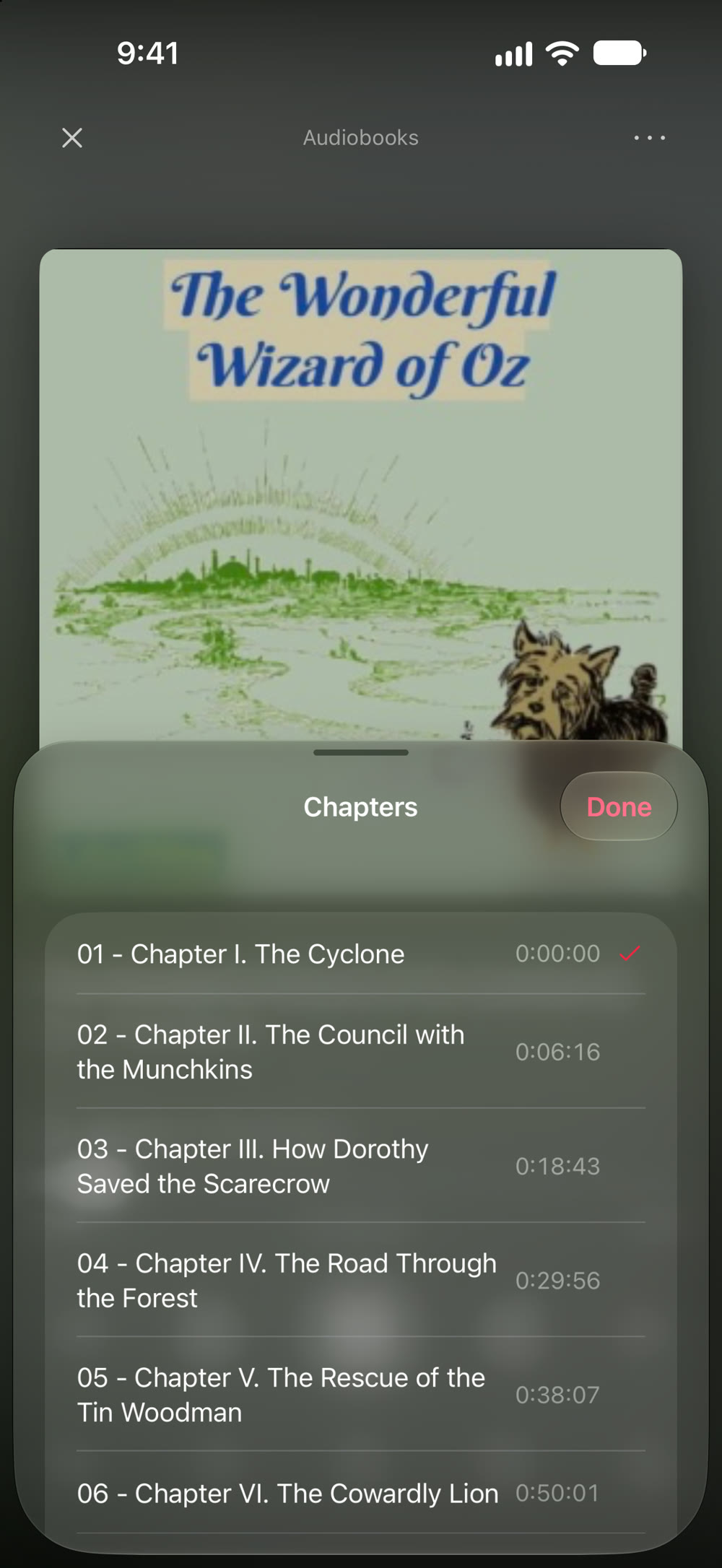 The chapter list of The Wonderful Wizard of Oz in DriveIn on iPhone, each chapter with its start time.