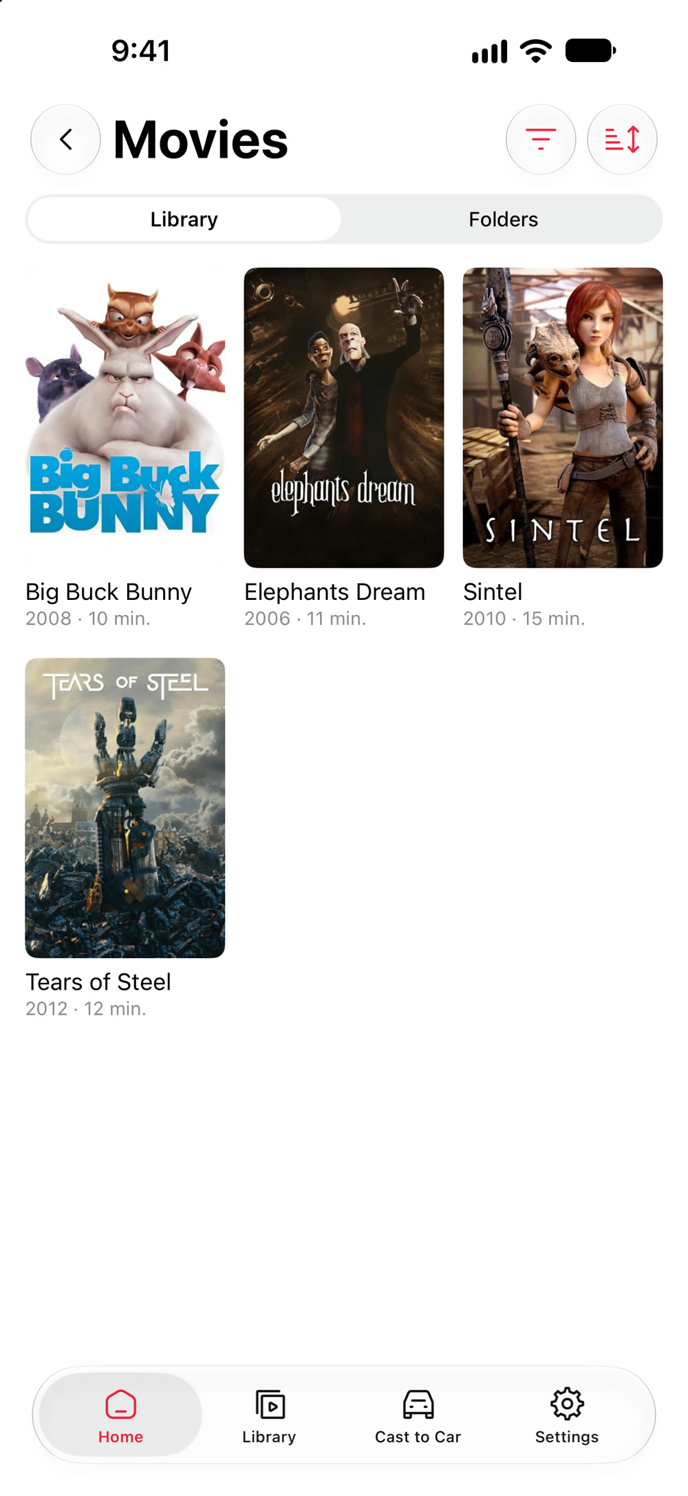 A Jellyfin server's Movies library in DriveIn on iPhone: posters for Big Buck Bunny, Elephants Dream, Sintel and Tears of Steel, with their years and running times.