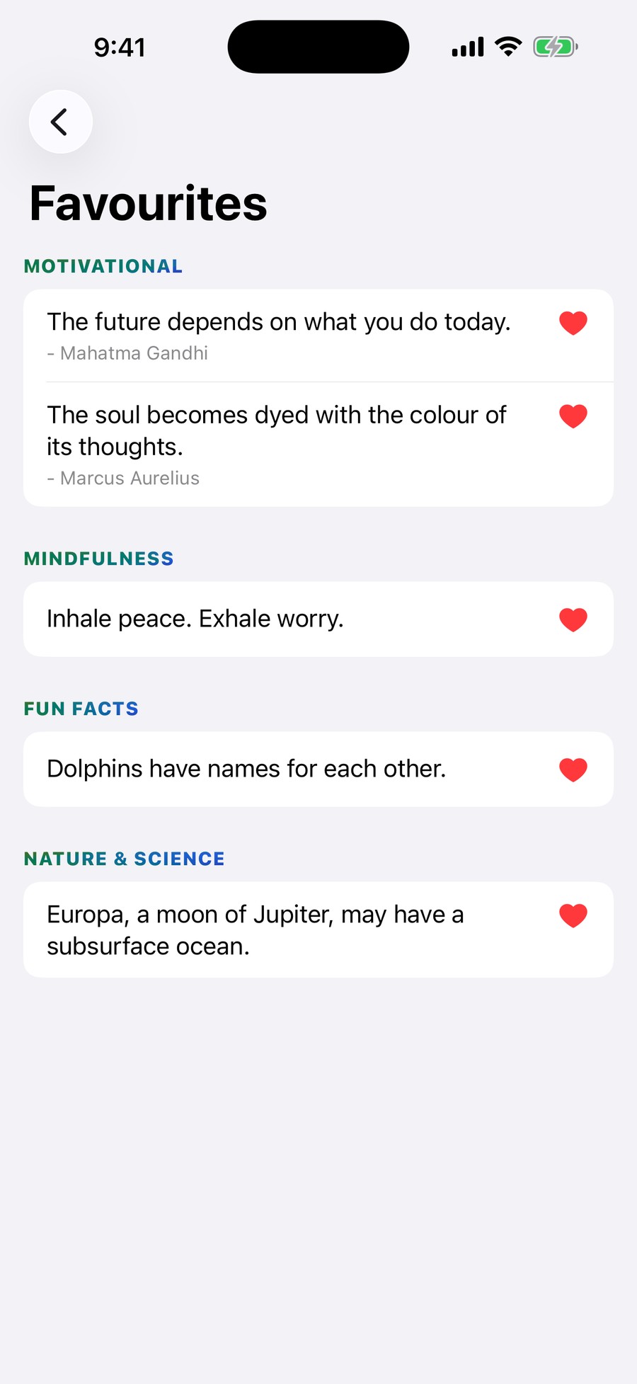 Favourites gathered by category