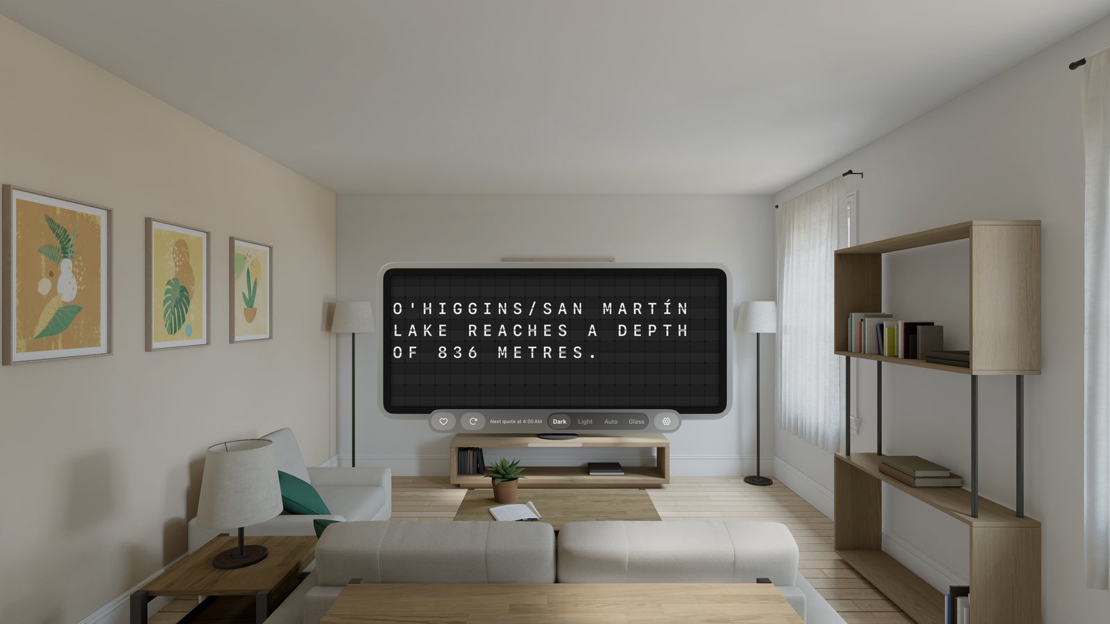 MessageBoard on Apple Vision Pro: a split-flap board floating in a living room