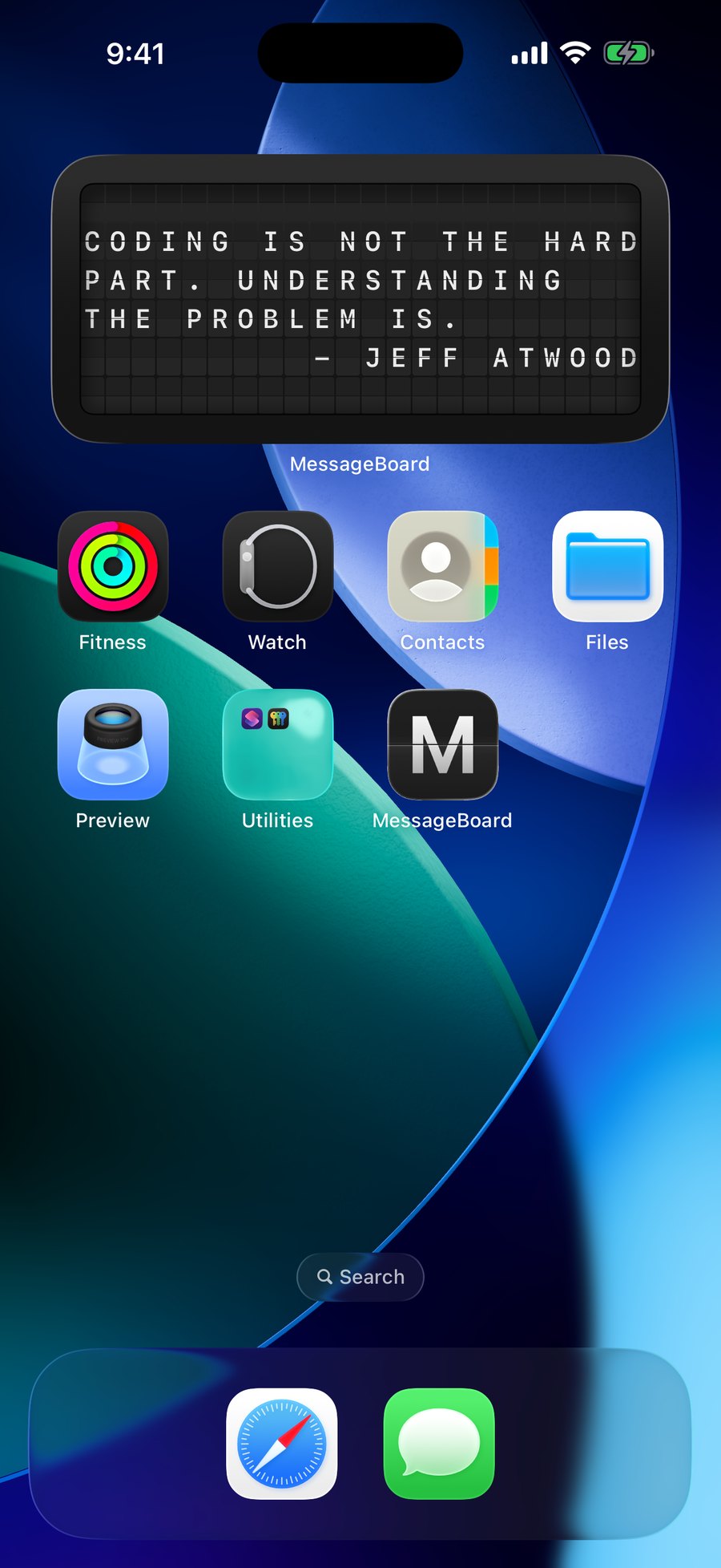 A dark MessageBoard widget on an iPhone Home Screen showing a programming quote