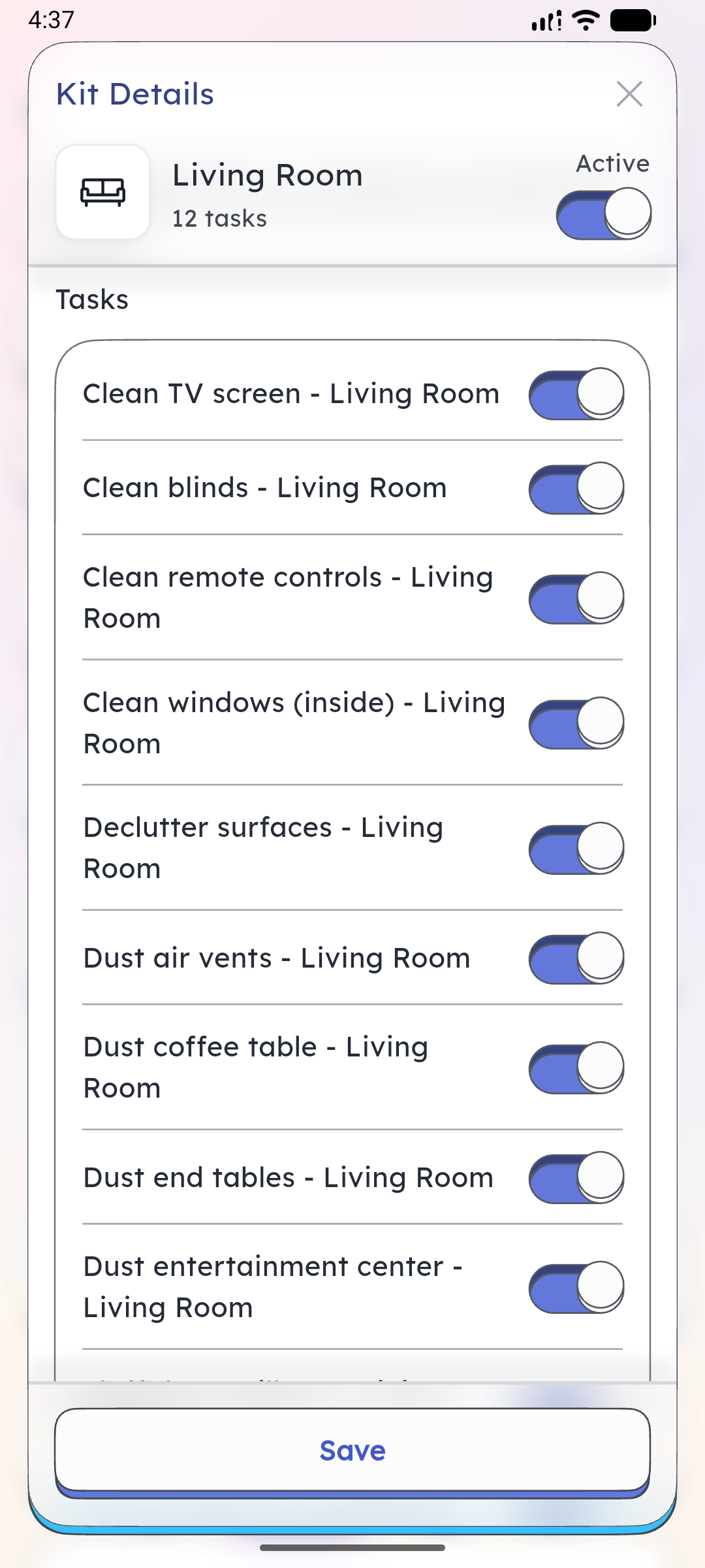 A kit's chores, schedules and effort weights