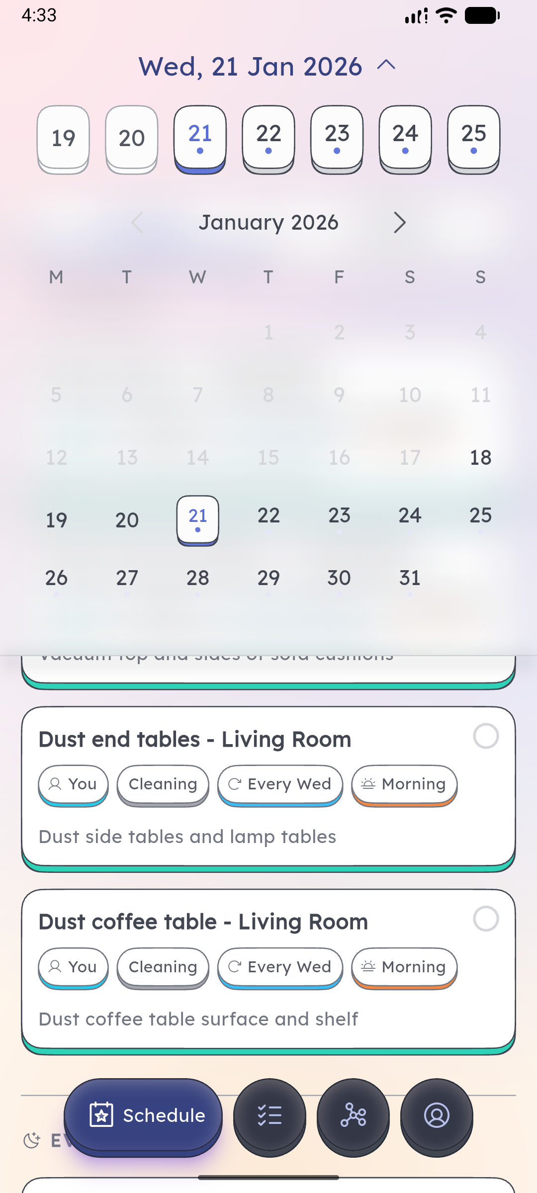 The week calendar above the day's chores