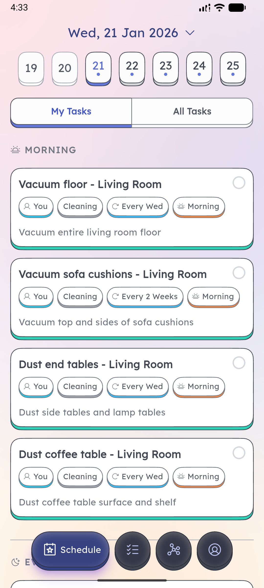 Schedgy's My Tasks screen: the day's chores grouped into morning, afternoon and evening