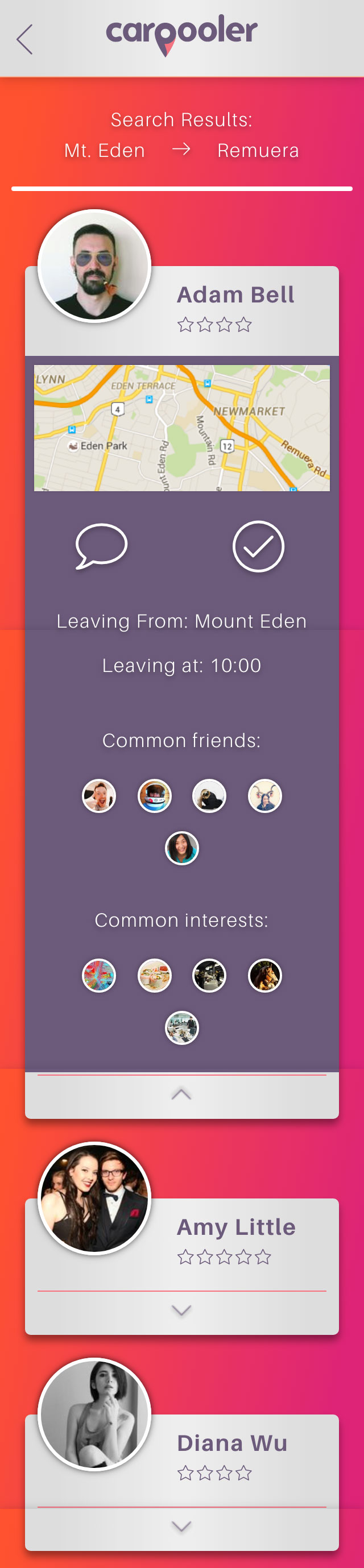 Carpooler app mockup screen