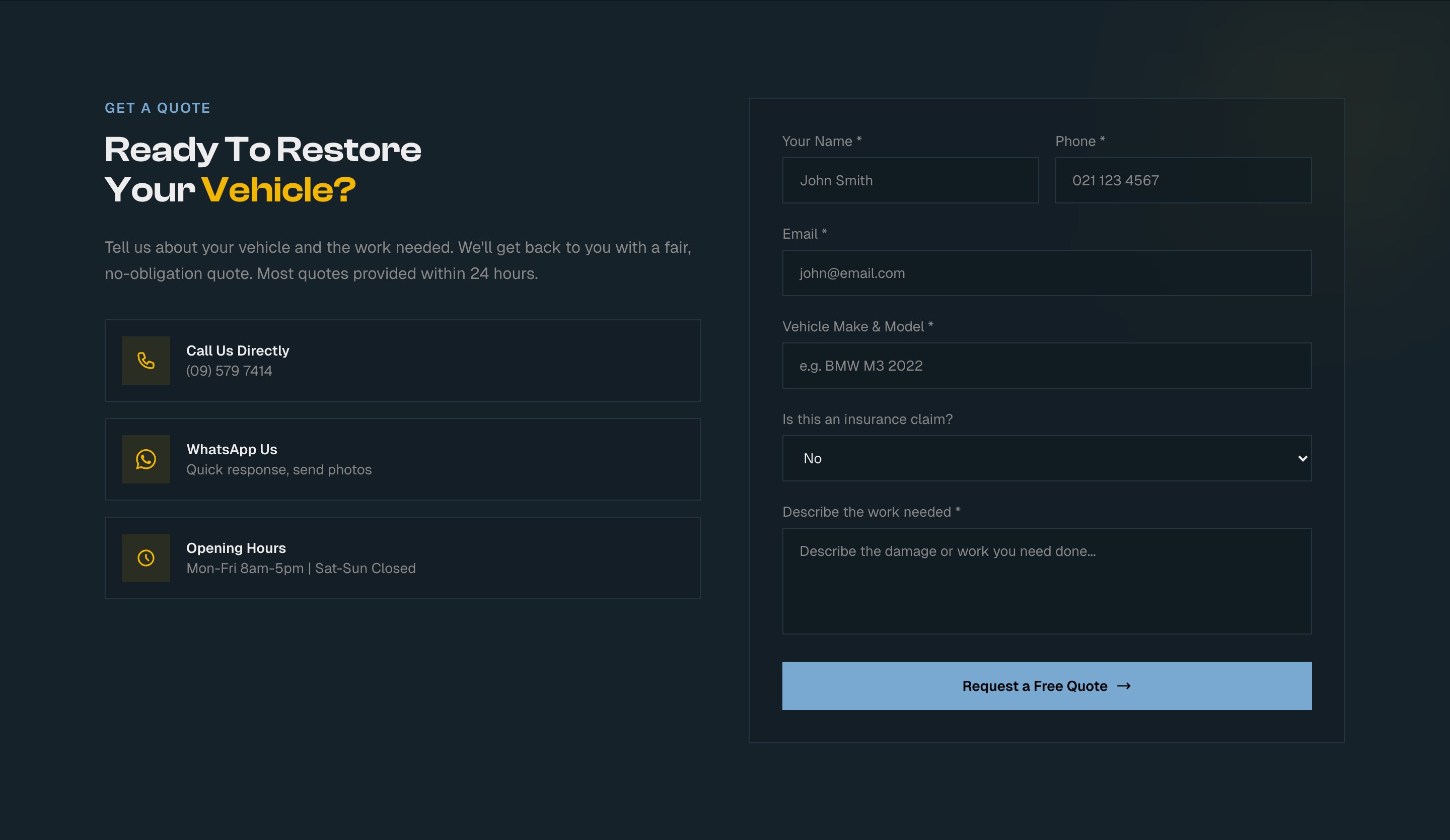 The quote-request flow with click-to-call and WhatsApp