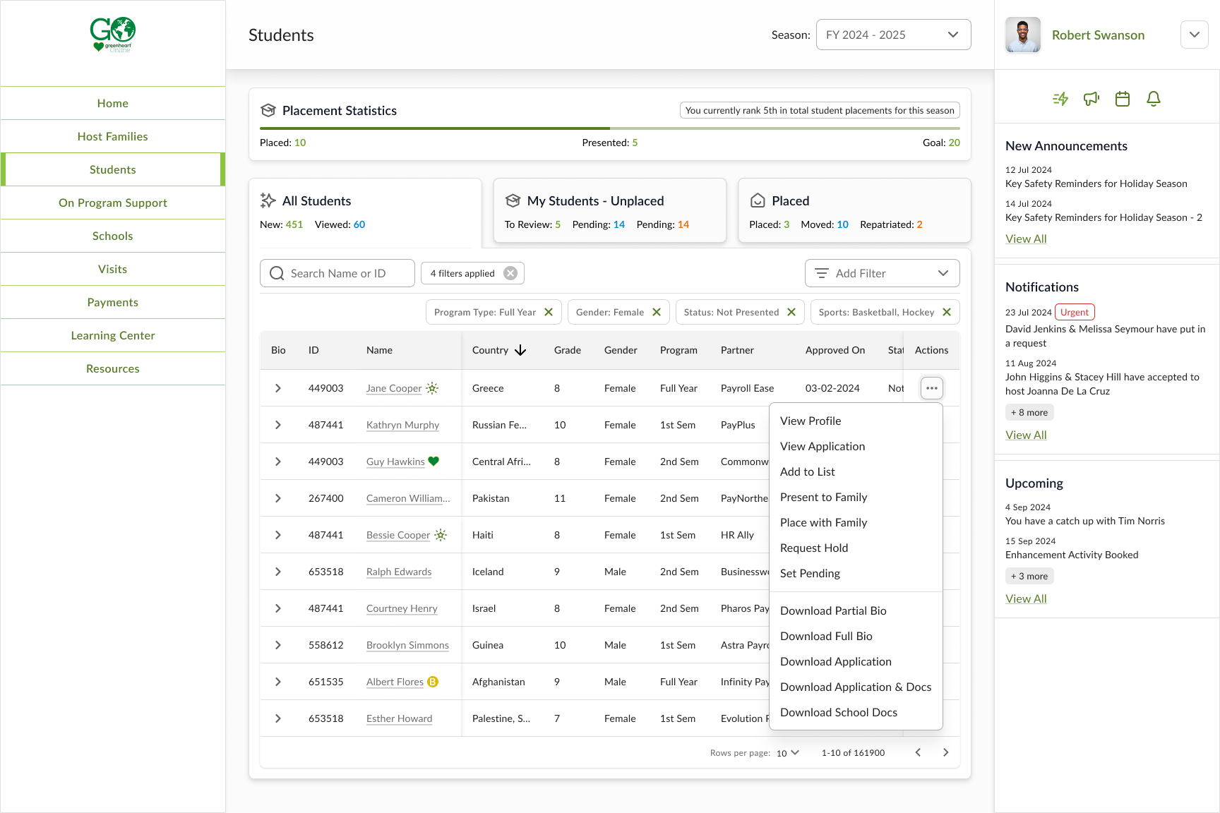 Greenheart Exchange student management interface showing tabbed sections and filtering capabilities for Local Coordinators