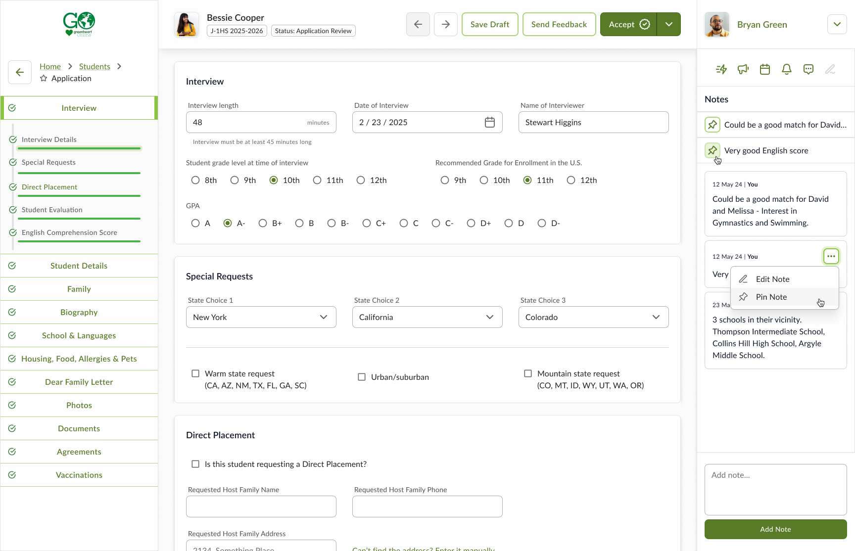 Greenheart admin runs the second-line review in the same pattern, here on the interview section