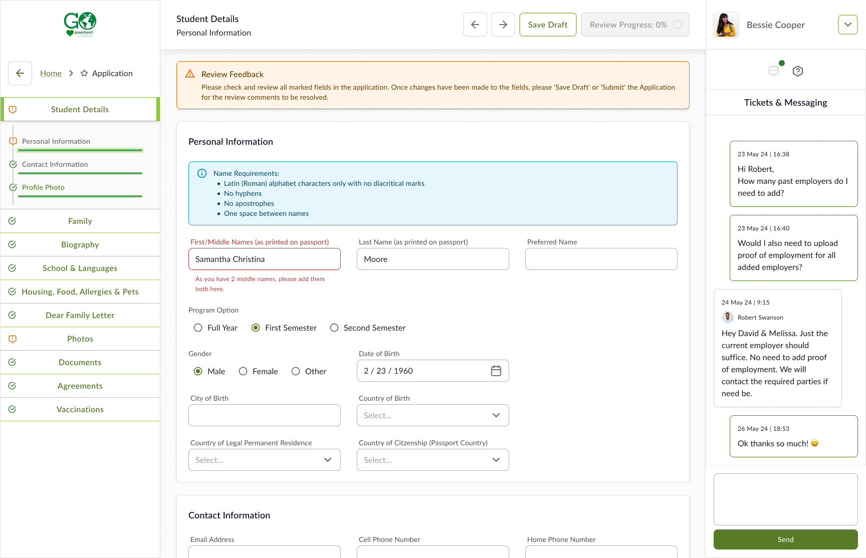 The student sees feedback pinned to the exact fields that need attention