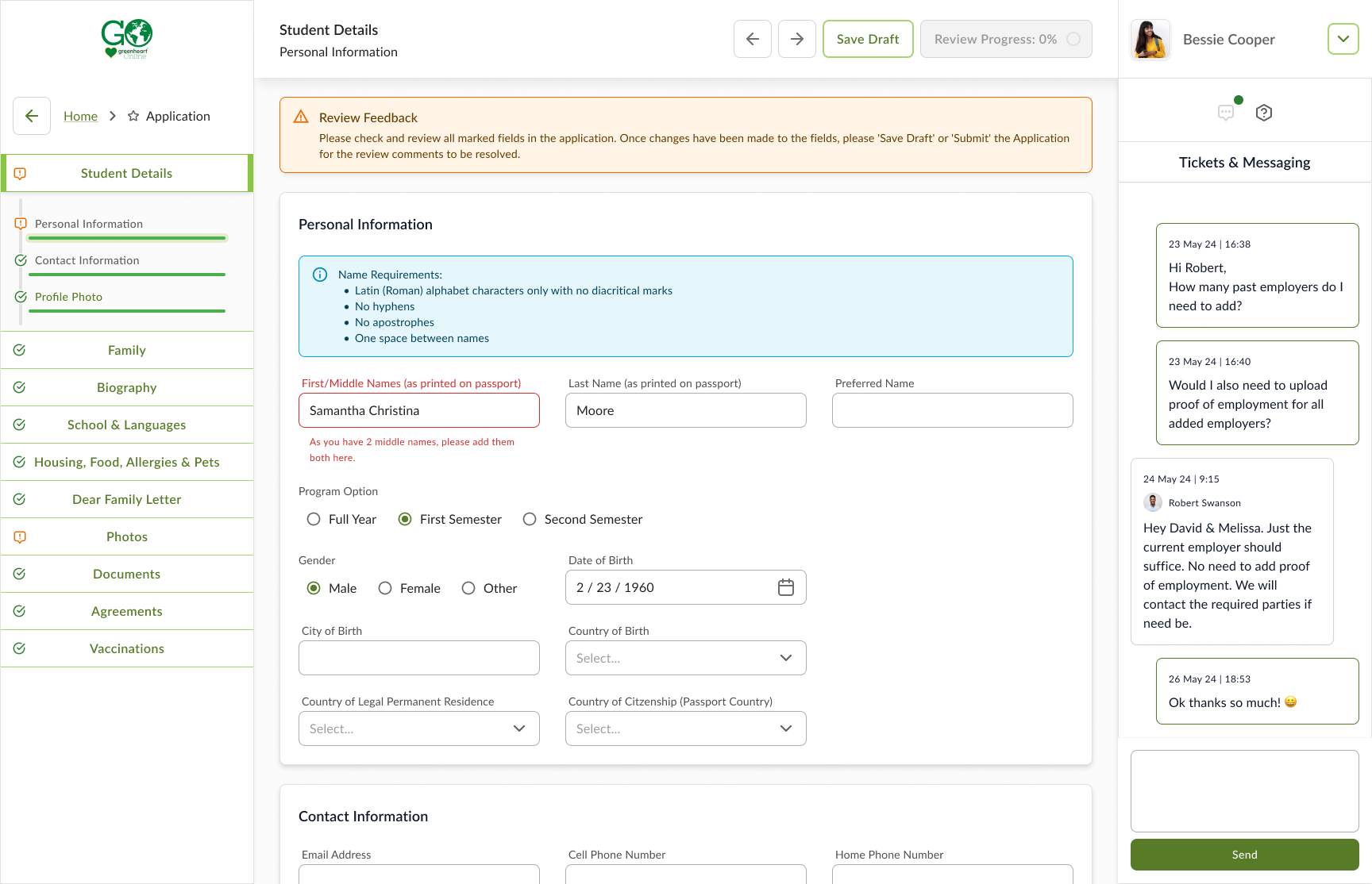 Student Application Feedback