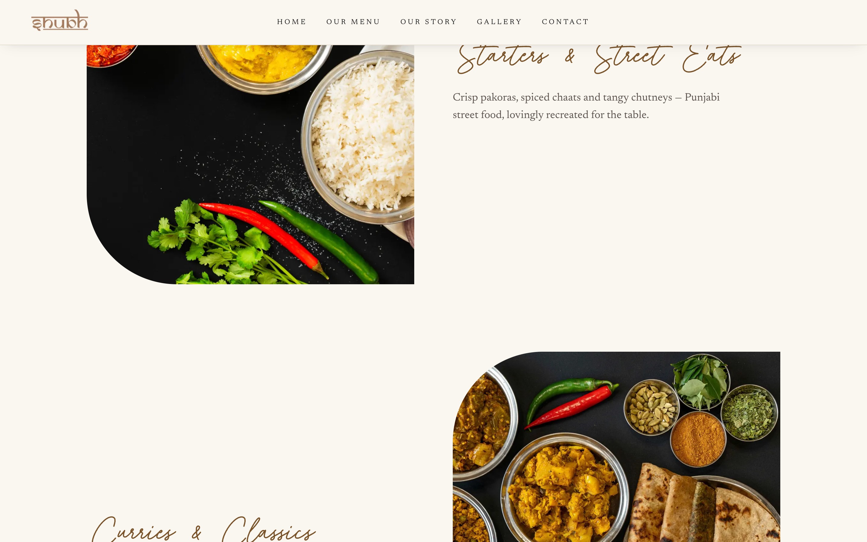 Menu categories with food-forward photography
