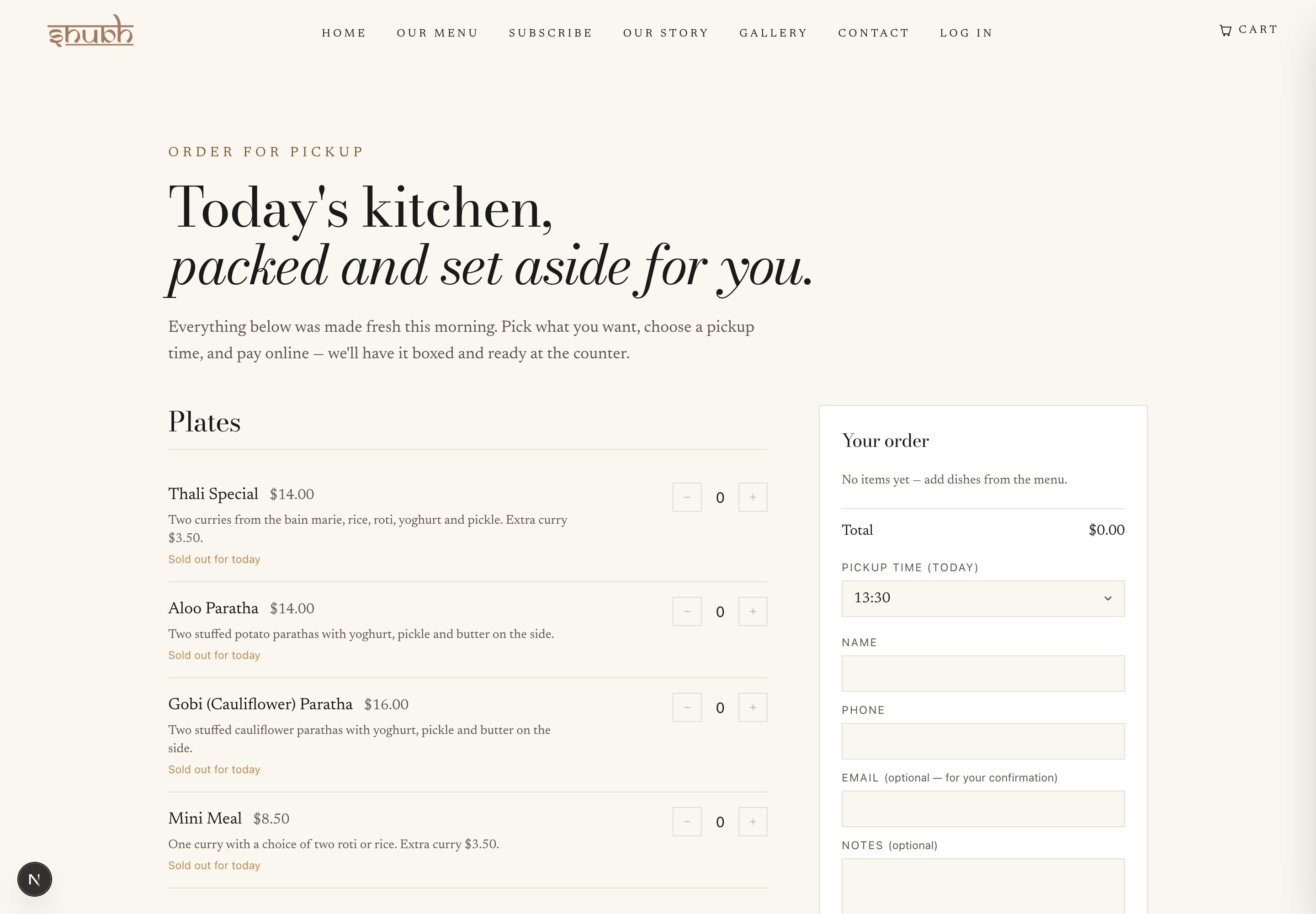 Pickup ordering from the day's menu