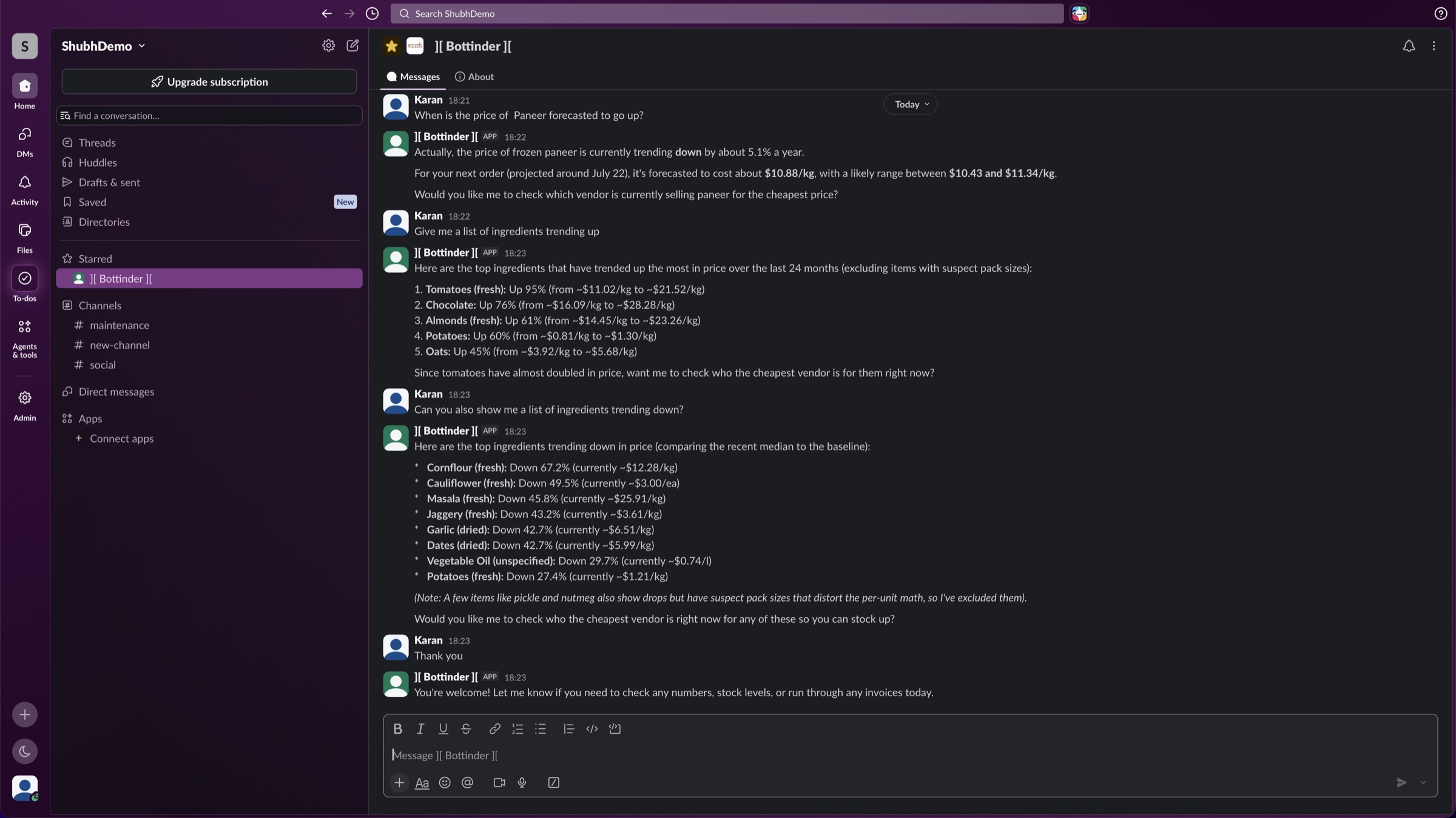 Asking Hermes about ingredient prices in Slack: forecasts, the biggest risers and fallers, and an offer to find the cheapest vendor (demo workspace)