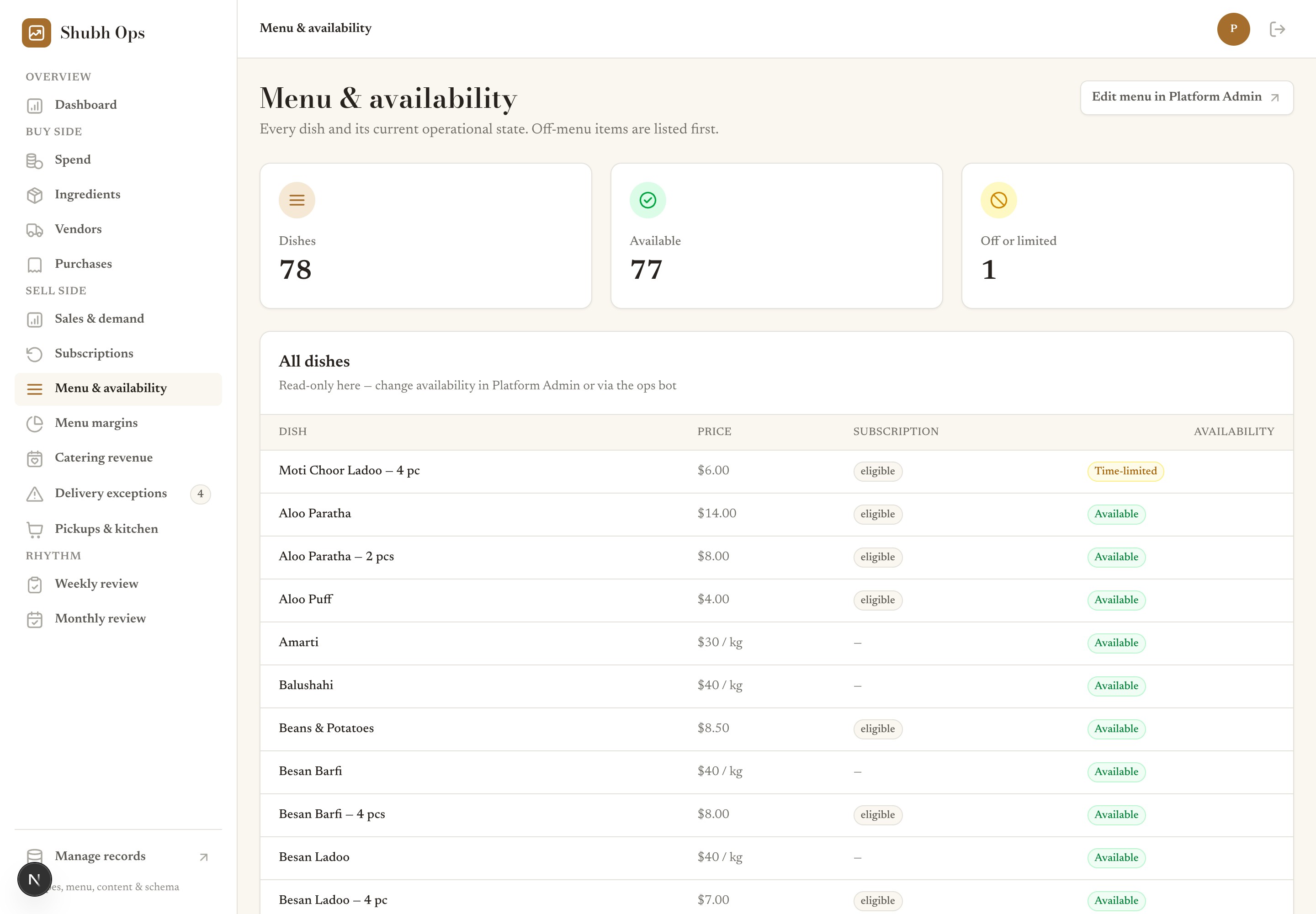 Live menu and availability, editable by voice